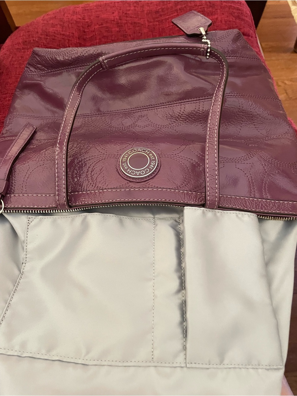 Coach Signature Stripe Stitched Patent Leather Tote (Style F19198) MSRP $328 - Picture 4 of 9